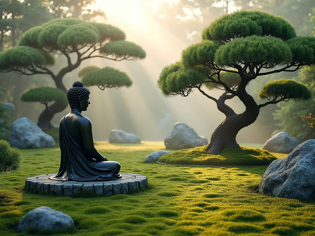 Serene Cloud-Pruned Buddha Garden - A tranquil garden scene featuring a serene bronze Buddha statue seated in meditation pose on a stone platform, surrounded by masterfully cloud-pruned Japanese holly and juniper trees shaped like floating clouds. The trees cast gentle shadows on a carpet of lush green moss garden below. Natural granite boulders of varying sizes are artfully positioned throughout. Soft morning mist hangs in the air, creating an ethereal atmosphere. The scene is photographed in warm, early morning light with shallow depth of field. Zen garden style with Japanese influence, photorealistic, high-end landscape photography.