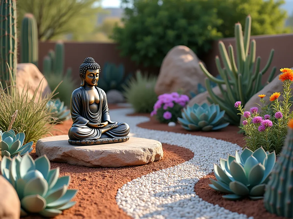 Desert Zen Buddha Garden with Succulents - A peaceful garden scene featuring a weathered bronze Buddha statue sitting in lotus position on a raised natural stone platform, surrounded by a stunning array of colorful succulents and desert plants. Various echeveria rosettes in blue-green and pink hues, striking agave plants, and golden barrel cacti create a harmonious desert landscape. The ground is covered with a blend of rust-colored and white decorative gravel, artfully arranged in gentle curves. Large, weathered boulder formations create natural focal points, while purple and orange flowering kalanchoe add pops of color. Soft evening lighting casts gentle shadows, creating a serene and meditative atmosphere. Photorealistic, high detail, cinematic lighting.