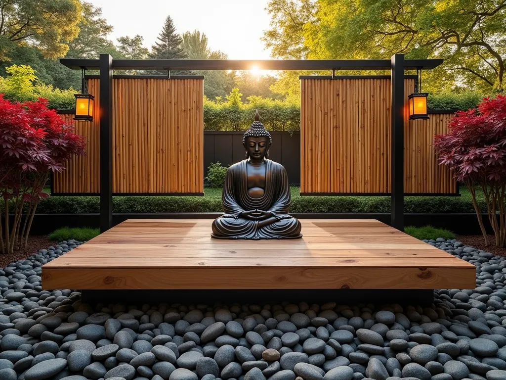 Elevated Zen Meditation Platform with Buddha - A serene garden scene featuring an elevated wooden meditation platform, crafted from rich cedar planks and raised 2 feet above ground. A majestic 4-foot bronze Buddha statue sits centered as the focal point, emanating peace. The platform is surrounded by a sea of smooth black and white river rocks, creating a tranquil border. Tall bamboo privacy screens frame the background, filtering golden evening light. Traditional Japanese paper lanterns hang from elegant posts at each corner, casting a warm glow. Dwarf Japanese maples with deep red foliage add organic touches around the platform. The scene is captured during golden hour, with soft lighting creating gentle shadows, shot in a professional architectural photography style.