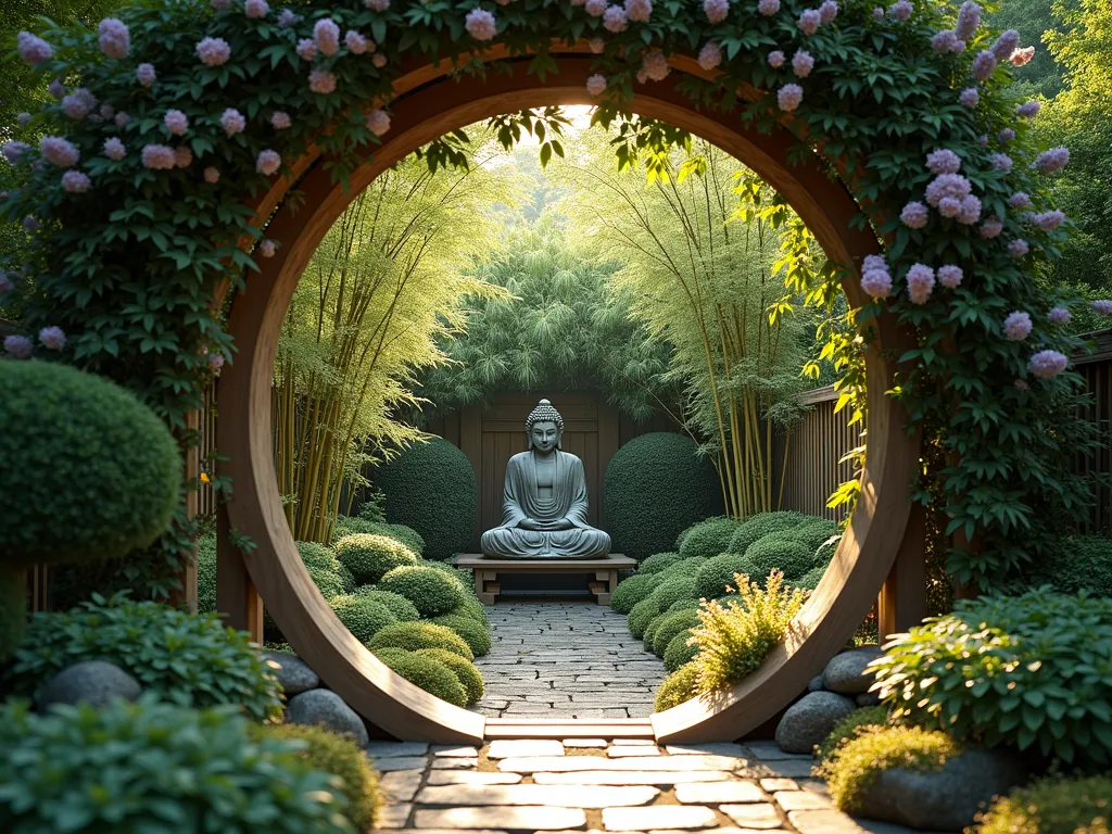 Enchanted Buddha Secret Garden - A serene hidden garden viewed through an ornate wooden moon gate covered in flowering wisteria vines, revealing a peaceful stone Buddha statue nestled among lush Japanese maples and bamboo. Natural stone path leads to a wooden meditation bench. Dense plantings of hostas, ferns, and shade-loving perennials create privacy. Soft dappled lighting filters through the foliage, creating a mystical atmosphere. Moss-covered stones and small water feature add tranquility. Photorealistic, golden hour lighting, artistic composition, 4k detailed