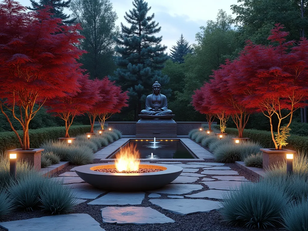 Tranquil Fire and Ice Buddha Garden - A serene garden scene at dusk featuring a large bronze Buddha statue as the centerpiece, surrounded by a harmonious blend of red Japanese maples and silvery Artemisia plants. A modern circular fire pit with dancing flames sits to one side, while a cascading water feature with illuminated pools flows on the other. Stone pathways lined with burgundy Heuchera and silver-blue Festuca grass create distinct zones. Soft landscape lighting casts gentle shadows, highlighting the contrast between warm and cool elements. The scene is captured in a photorealistic style with atmospheric lighting and subtle mist.