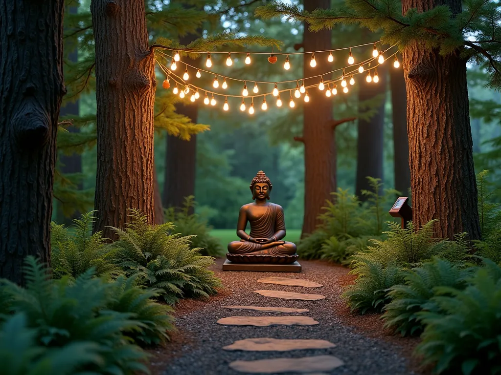 Enchanted Forest Buddha Sanctuary - A serene woodland garden scene at dusk featuring a weathered bronze Buddha statue nestled among tall mature trees, surrounded by lush hostas and native ferns. A winding mulch path leads to the meditation space, illuminated by warm white solar-powered string lights draped elegantly through tree branches. Dappled evening light filters through the forest canopy, creating a mystical atmosphere. Shot with soft focus, photorealistic, 4K, architectural photography style