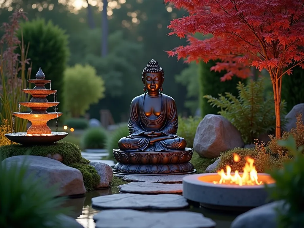 Four Elements Buddha Garden Harmony - A serene garden scene at dusk featuring a majestic bronze Buddha statue as the centerpiece, surrounded by four distinct elemental sections. The earth section features natural stone pathways and moss-covered rocks. The water element showcases a gentle multi-tiered copper fountain with water cascading into a small koi pond. The fire element includes a modern circular stone fire pit with dancing flames. The air section features elegant copper wind chimes hanging from a Japanese maple tree. The garden is landscaped with zen-inspired plantings including bamboo, Japanese forest grass, and crimson Japanese maples. Soft landscape lighting creates a magical atmosphere, with the Buddha statue gently illuminated from below. Artistic shallow focus photography style, magical evening lighting.