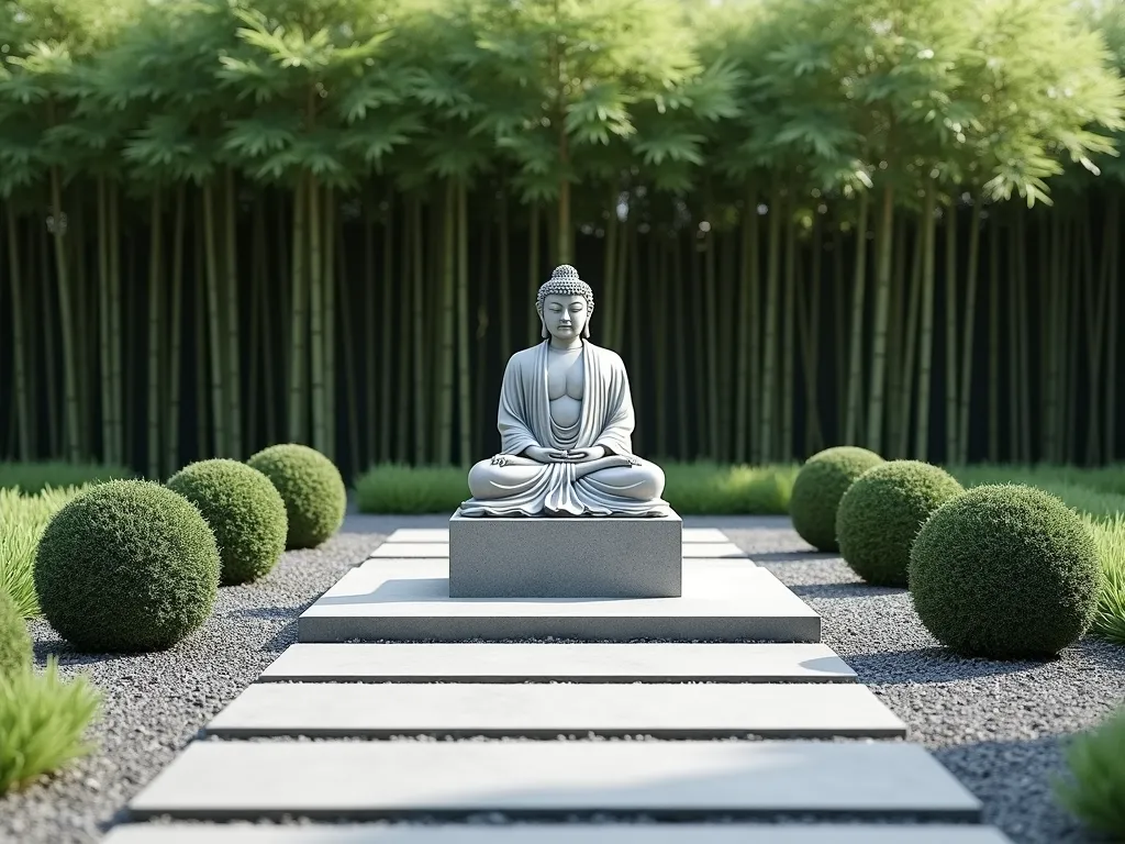 Modern Zen Stone Buddha Garden - A minimalist Japanese garden featuring a sleek, contemporary stone Buddha statue in light gray, centered on a large rectangular stone slab platform. Perfectly manicured boxwood spheres in varying sizes flank the statue symmetrically. Clean lines of crushed gray gravel create geometric patterns, while modern rectangular stone pavers form a simple path. Linear plantings of low-growing grass accent the edges. The scene is photographed in natural daylight with soft shadows, emphasizing the peaceful atmosphere and modern design aesthetic. Architectural bamboo provides a subtle green backdrop. Shot in 4K ultra HD, photorealistic style.