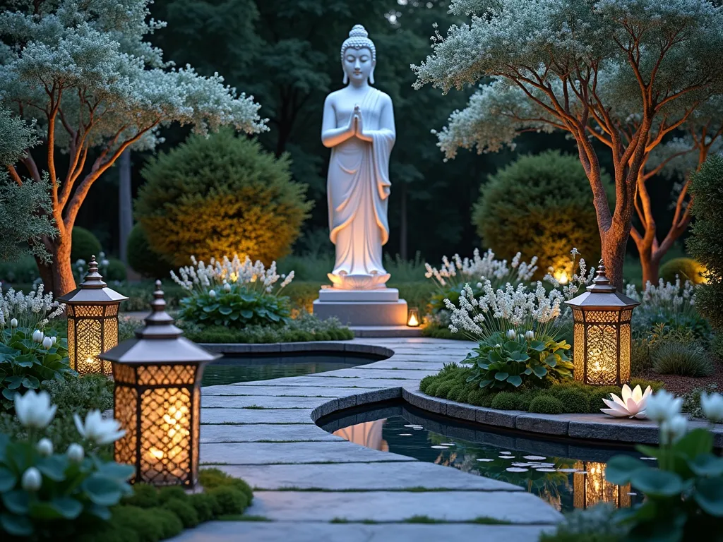 Illuminated Buddha Garden at Twilight - A serene garden scene at twilight featuring a large, white marble Buddha statue softly illuminated by hidden ground lights, surrounded by blooming white moonflowers and silver artemisia. Ornate metallic lanterns cast intricate shadows on a curved stone path. White flowering jasmine climbs copper trellises while silvery Japanese forest grass sways beneath. Strategically placed mirrors in antique brass frames reflect the moonlight and garden lights, creating depth. White gaura and luminous white echinacea glow in the dusky light, with dewdrops sparkling on their petals. A small reflection pool with floating lotus flowers captures the ambient light, creating a mystical atmosphere. The scene is photographed in high detail, with a dreamy quality, cinematic lighting, and soft bokeh effects.