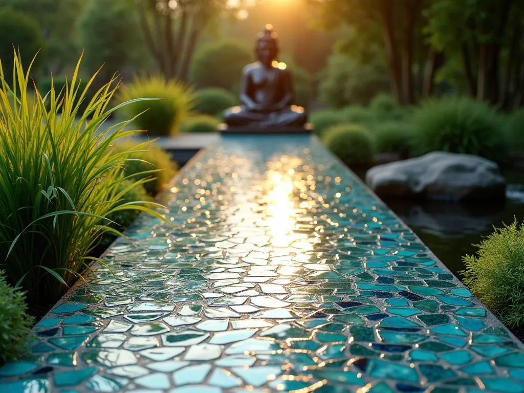 Tranquil Mosaic Buddha Garden Path - A serene garden path leading to a seated bronze Buddha statue, bordered by iridescent mosaic patterns in turquoise, cobalt blue, and sea green glass tiles. Mirror fragments sparkle among the mosaic design, reflecting natural sunlight. The path is flanked by Japanese forest grass and dwarf bamboo, with a small cascading water feature nearby. Photographed during golden hour, creating a peaceful atmosphere with soft lighting and long shadows. Artistic composition, high detail, photorealistic.