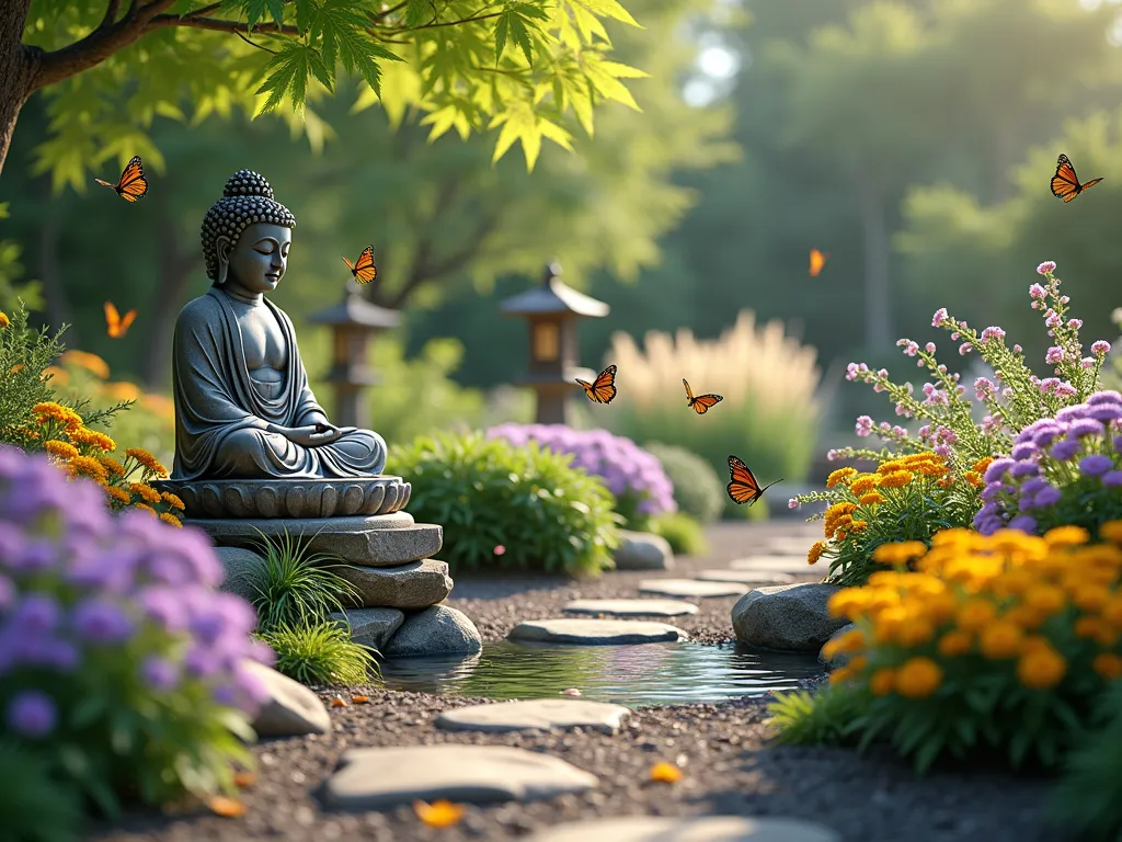 Serene Buddha Butterfly Garden - A peaceful garden scene with a serene stone Buddha statue as the centerpiece, surrounded by flowering butterfly bushes and vibrant lantana in purple, yellow, and orange hues. Several monarch and swallowtail butterflies flutter around the flowers. A small, natural stone water feature creates gentle ripples nearby. Soft afternoon sunlight filters through Japanese maple leaves overhead, creating dappled shadows on the mulched pathway. Stone lanterns provide structure while ornamental grasses sway gently in the background. Photorealistic, 4K, cinematic lighting.