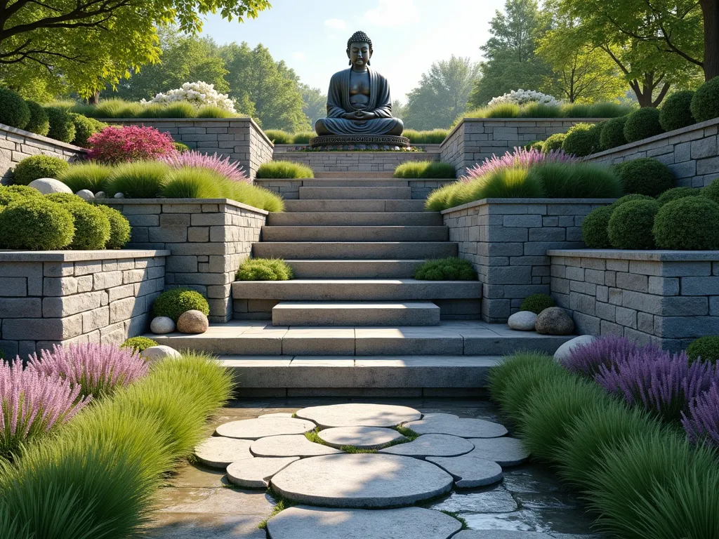 Serene Terraced Buddha Garden with Natural Stone Walls - A tranquil terraced garden sanctuary with three elegant natural stone retaining walls creating distinct levels, featuring a large bronze Buddha statue positioned majestically at the highest point. Stone steps wind through the terraces, bordered by flowing ornamental grasses and purple Japanese forest grass. Each level showcases different zen elements: the lowest terrace features a peaceful meditation area with a wooden platform, the middle level displays a collection of pink cherry blossoms and white flowering dogwood, while the upper terrace surrounds the Buddha with perfectly manicured azaleas and natural boulder arrangements. Late afternoon sunlight casts gentle shadows across the weathered stone walls, creating a serene, photorealistic atmosphere. 8k, ultra-detailed, architectural photography style