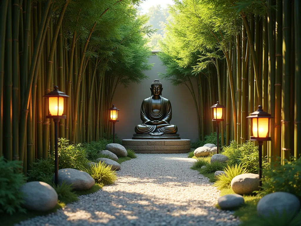 Tranquil Bamboo Buddha Sanctuary - A serene garden scene featuring a majestic bronze Buddha statue nestled within a grove of tall, elegant bamboo plants creating natural walls. A winding gravel path made of light gray stones leads to the statue, with warm glowing solar lanterns lining the path. The bamboo creates dappled shadows on the ground, with soft evening light filtering through the leaves. The statue sits on a raised stone platform surrounded by small green moss patches and decorative rocks. Several solar lanterns hang from bamboo poles, creating a mystical atmosphere with their gentle illumination. Photorealistic, high-end landscape photography style, peaceful atmosphere, golden hour lighting.