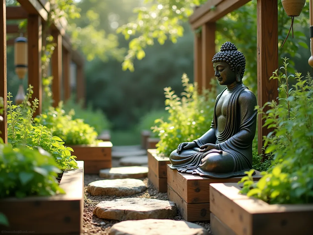 Tranquil Buddha Herb Sanctuary - A serene garden scene featuring a weathered bronze Buddha statue sitting in peaceful meditation, surrounded by lush tiered herb gardens in raised wooden beds. Fresh mint, thyme, and lemon balm cascade over the edges of the beds, creating a tapestry of greens and silvers. Natural stone stepping stones wind through the garden, leading to the Buddha. Soft afternoon sunlight filters through bamboo wind chimes hanging from a nearby wooden pergola, casting gentle shadows. The scene is photographed from a low angle, with the Buddha as the focal point and herbs creating a harmonious foreground. Photorealistic, cinematic lighting, detailed textures, peaceful atmosphere.