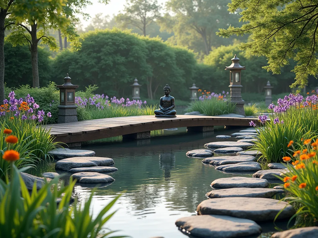 Tranquil Buddha Rain Garden with Stone Bridge - A serene garden landscape featuring a bronze Buddha statue sitting in peaceful meditation on a raised stone platform, surrounded by a naturalistic rain garden. Gentle pools of collected rainwater reflect the sky, dotted with smooth river rocks and bordered by lush Japanese iris, sedges, and swaying ornamental grasses. A graceful curved wooden bridge arches over the shallow basin, lined with large stepping stones creating a meandering path. Stone lanterns provide subtle accents while marsh marigolds and cardinal flowers add vibrant touches of color. The scene is captured in soft, natural lighting with morning mist adding atmosphere, photorealistic style