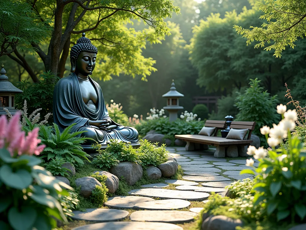 Tranquil Buddha Shade Garden Sanctuary - A serene garden scene in dappled sunlight featuring a large bronze Buddha statue nestled among lush greenery. Surrounding the statue are cascading Japanese painted ferns, large blue-green hostas, and delicate pink astilbe flowers. White flowering Japanese anemones add luminous touches throughout the shaded space. A natural stone pathway leads to a comfortable wooden bench with soft cushions, perfect for meditation. Stone lanterns provide subtle architectural elements, while a small bamboo water feature creates gentle sounds. Photographed in soft, natural light with shallow depth of field, emphasizing the peaceful atmosphere. Photorealistic, 4K, detailed garden photography style.