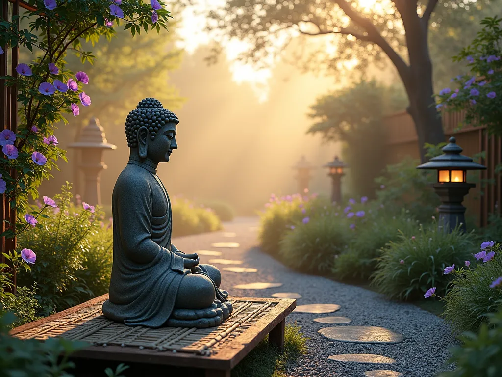 Tranquil Buddha Sunrise Meditation Garden - A serene garden scene at dawn, with golden sunlight streaming through morning mist. A peaceful stone Buddha statue faces east, surrounded by blooming morning glories in shades of purple and blue climbing up copper trellises. A natural stone meditation platform with a bamboo mat sits before the Buddha. The garden features a winding gravel path lined with ornamental grasses swaying in the morning breeze. Japanese maples cast dappled shadows, while stone lanterns emit a soft glow. Dewdrops glisten on the foliage as the rising sun creates a ethereal atmosphere. Photorealistic, cinematic lighting, peaceful atmosphere.