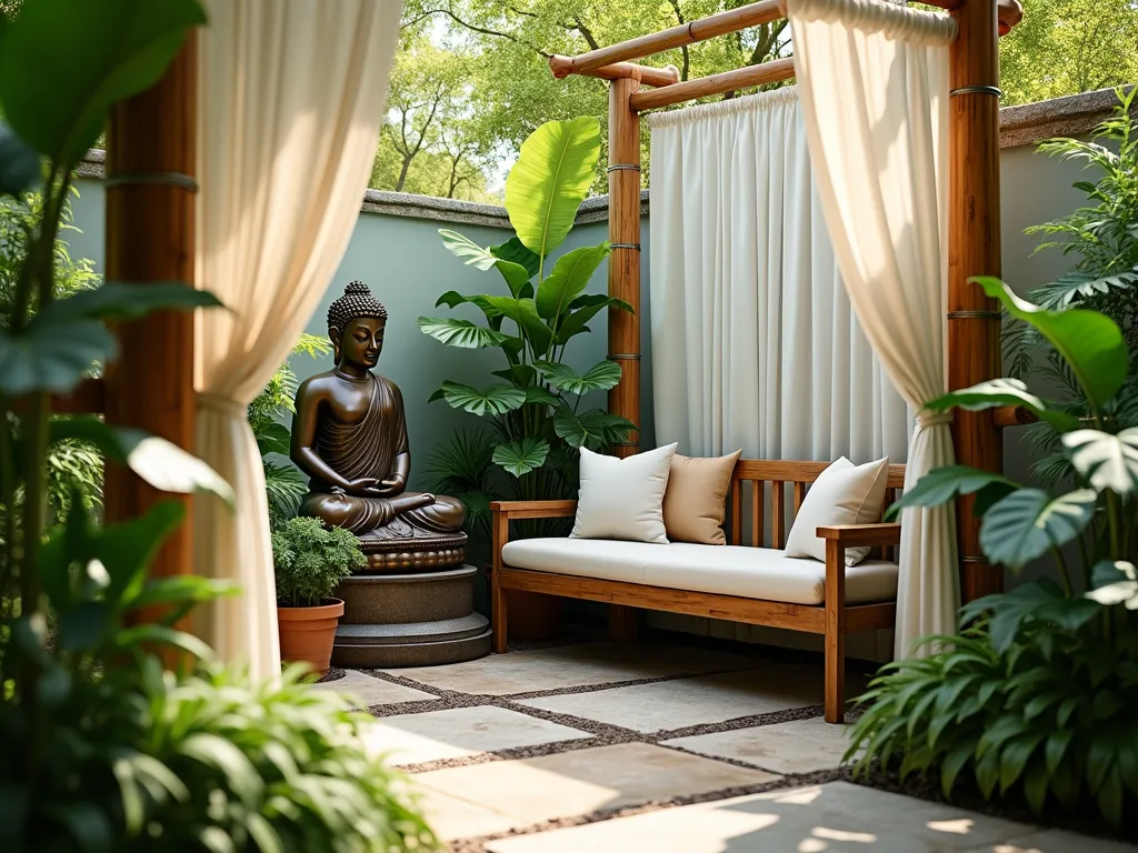 Tropical Buddha Meditation Corner - A serene garden corner featuring a large bronze Buddha statue nestled among lush elephant ear plants and Boston ferns. A cozy teak meditation bench with plush cushions sits nearby. Sheer white outdoor curtains billow gently between bamboo posts, creating a private sanctuary. Soft dappled sunlight filters through a canopy of tropical foliage. Natural stone pavers lead to the contemplation space. The scene is captured in a photorealistic style with warm afternoon lighting and shallow depth of field.