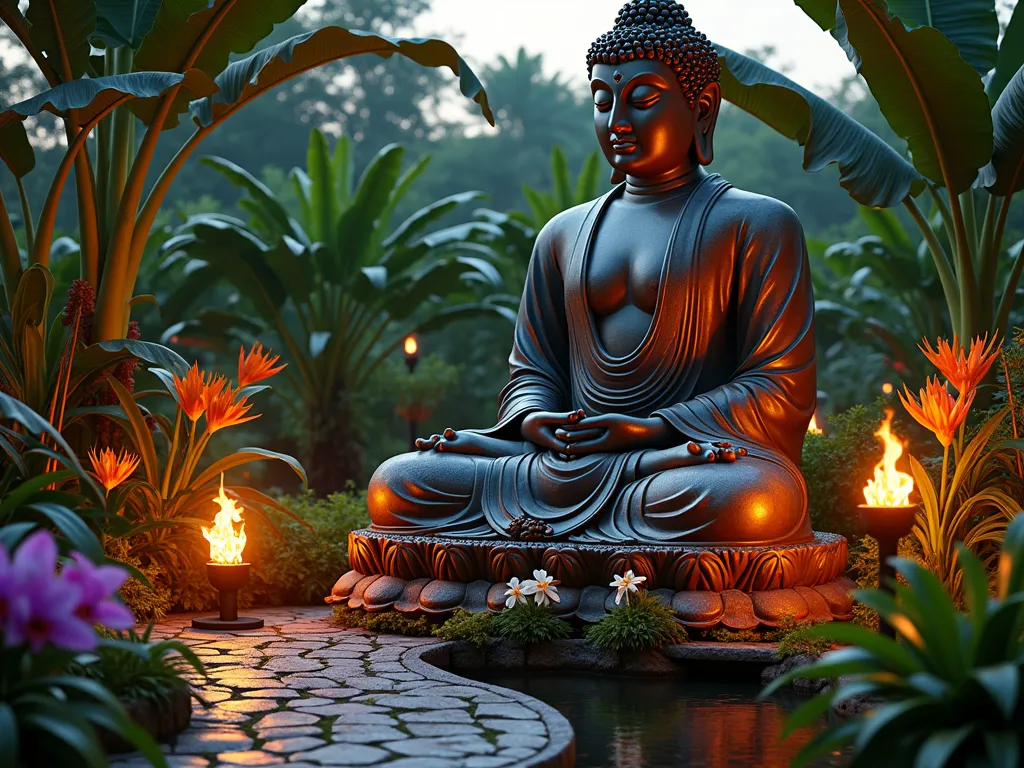 Tropical Buddha Garden Paradise with Evening Torches - A serene garden scene at dusk featuring a large, weathered bronze Buddha statue surrounded by lush tropical foliage. Majestic banana trees with broad leaves tower in the background, while vibrant orange and pink birds of paradise flowers create dramatic focal points. Scattered purple and white orchids cascade from natural wood stands, and colorful bromeliads nestle at the Buddha's base. Warm-glowing tiki torches line a curved stone path, their flames reflecting off a small meditation pond. The scene is captured in magical golden hour lighting, with selective focus on the Buddha's peaceful expression. Photorealistic, high-end landscape photography style.