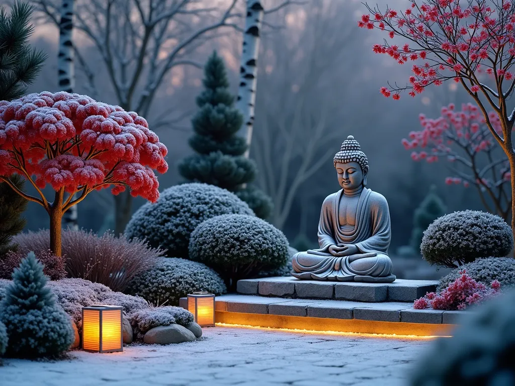 Serene Winter Buddha Garden with Illuminated Seating - A tranquil winter garden scene at dusk featuring a large stone Buddha statue nestled among frost-covered Japanese maples and evergreen shrubs. The Buddha sits on a raised natural stone platform surrounded by carefully pruned boxwood and blue spruce. Red winter berries from holly bushes add vibrant color accents. A modern heated stone bench with LED underlighting provides comfortable seating. Paper lanterns and subtle ground lighting create a warm atmospheric glow, illuminating the snow-dusted branches and Buddha's serene expression. White birch trees in the background showcase their striking textural bark. The scene is photographed in a professional, cinematic style with mood lighting, 4K ultra HD quality.