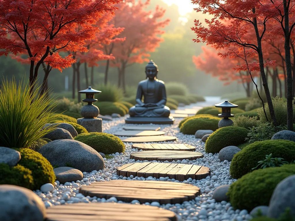 Zen Buddha Garden Path - A serene, winding garden path leading to a tranquil bronze Buddha statue in meditation pose, photographed at golden hour. The path transitions beautifully between natural materials - smooth river stones, weathered wooden planks, white pebbles, and lush green moss. Japanese maples frame the scene with their delicate red leaves, while ornamental grasses sway gently along the path edges. Stone lanterns provide subtle lighting, and small clusters of bamboo create peaceful shadows. The path is bordered by large stepping stones and natural boulders partially covered in moss, creating a harmonious blend of textures. Mist gently hovers above the ground, adding to the mystical atmosphere.