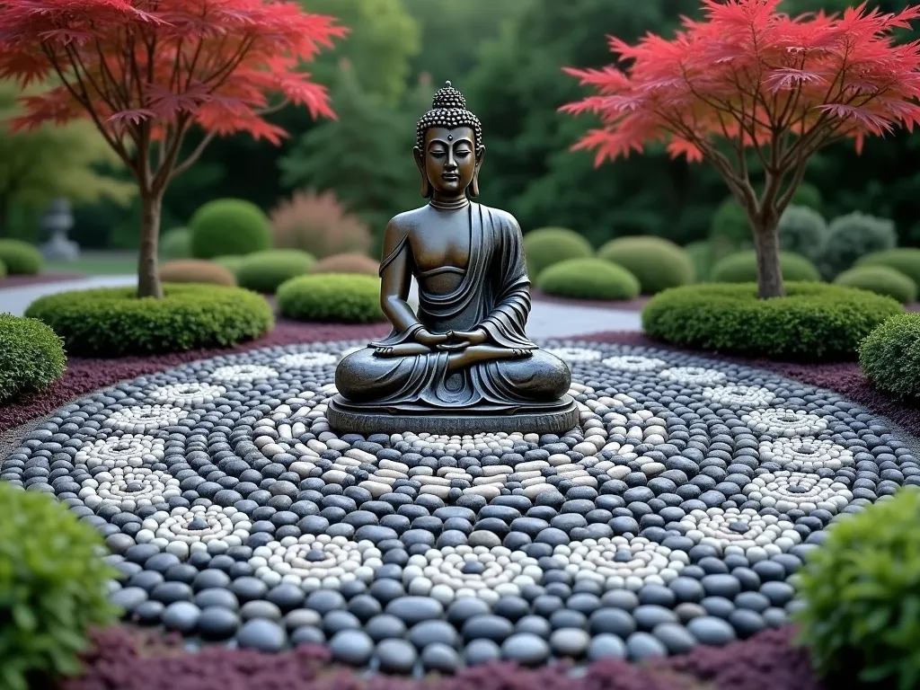 Zen Buddha Pebble Garden Mandala - A serene garden scene featuring a large, weathered bronze Buddha statue as the centerpiece, surrounded by an intricate mandala pattern created with smooth river pebbles in varying shades of grey, white, and black. The circular pattern extends outward with an endless knot design made from contrasting colored stones. Low-growing purple creeping thyme and emerald green moss create soft, living boundaries between the stone sections. Soft evening lighting casts gentle shadows across the textured surface, highlighting the dimensional quality of the pattern. Small Japanese maple trees frame the background, their delicate red leaves providing an elegant contrast to the stone work. The entire scene is captured from a slightly elevated angle to showcase the detailed pebble artistry.