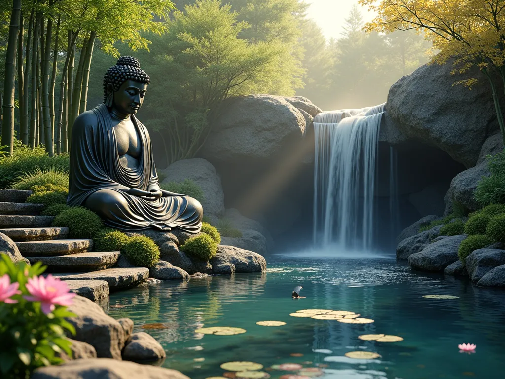 Zen Buddha Waterfall Garden with Evening Illumination - Serene garden scene with a 6-foot tall bronze Buddha statue positioned beside a natural stone waterfall, water cascading over moss-covered granite boulders into a koi pond. Japanese forest grass and dwarf bamboo frame the scene, while water lilies and lotus flowers float in the crystal-clear pool. Subtle underwater LED lights create a ethereal blue glow beneath the falls, casting dramatic shadows on the Buddha's peaceful expression. Natural stone steps lead to a viewing area, surrounded by Japanese maples and evergreen shrubs. Photorealistic, golden hour lighting, atmospheric mist, high-end landscape photography style