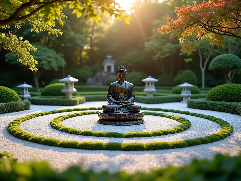 Serene Buddha Zen Circle Garden - A tranquil garden featuring a majestic bronze Buddha statue sitting in lotus position at the center of perfectly formed concentric circles. The innermost circle features pure white gravel raked in traditional zen patterns, followed by a ring of lush emerald moss, and an outer circle of neatly trimmed Japanese Holly shrubs. Four traditional granite stone lanterns mark the cardinal points, casting soft ambient light. The scene is photographed during golden hour, with gentle shadows and warm light enhancing the peaceful atmosphere. Surrounding maple trees create a natural canopy, with their leaves casting delicate shadows on the gravel patterns. High-end professional photography, ultra-detailed, peaceful atmosphere, 4K resolution.