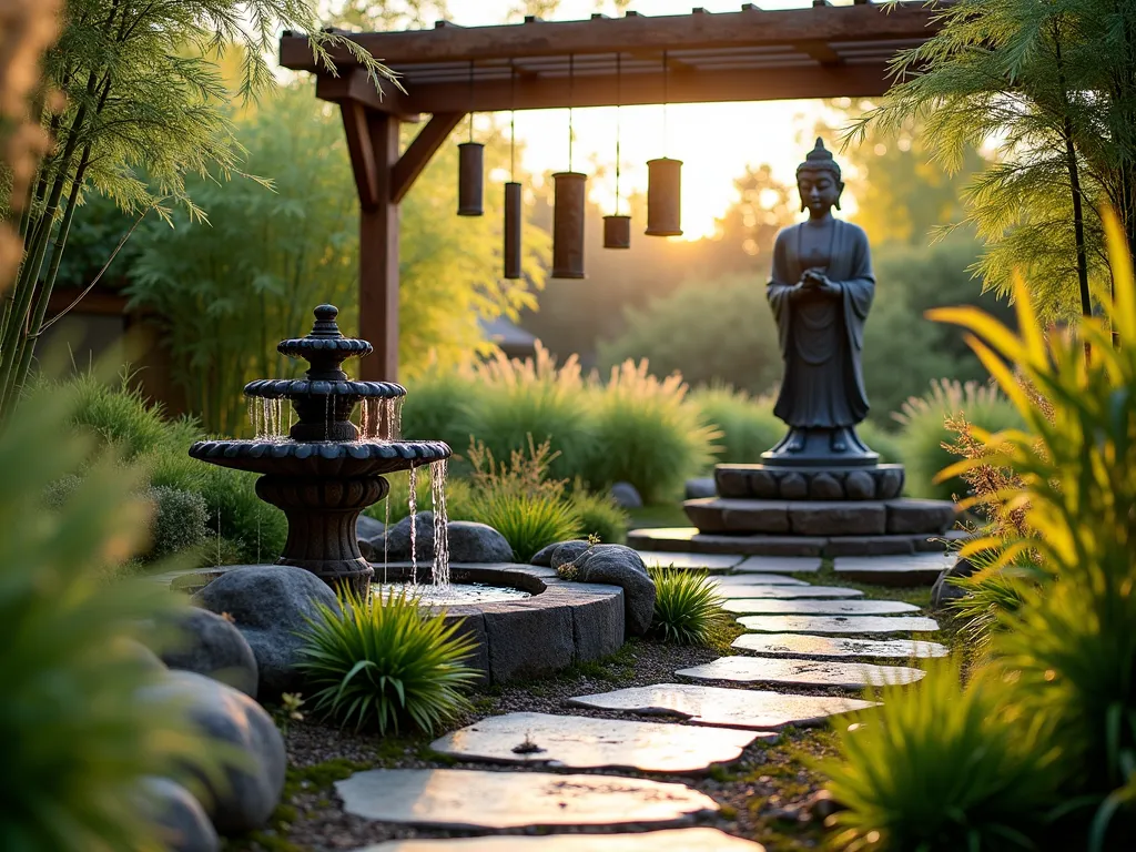 Zen Sound Garden with Buddha Statue - A serene garden sanctuary featuring a large, weathered bronze Buddha statue as the centerpiece, surrounded by tall, swaying ornamental grasses and bamboo. Multiple copper and brass wind chimes hang from a curved wooden pergola, while a cascading bamboo water fountain creates gentle ripples in a small stone basin. The scene is photographed during golden hour, with soft sunlight filtering through the grass stems. Japanese forest grass and maiden grass dance in the breeze, creating a peaceful atmosphere. Natural stone pathways wind through the space, lined with moss and small river rocks. The composition emphasizes depth and tranquility, capturing the interplay of light, movement, and peaceful garden sounds.