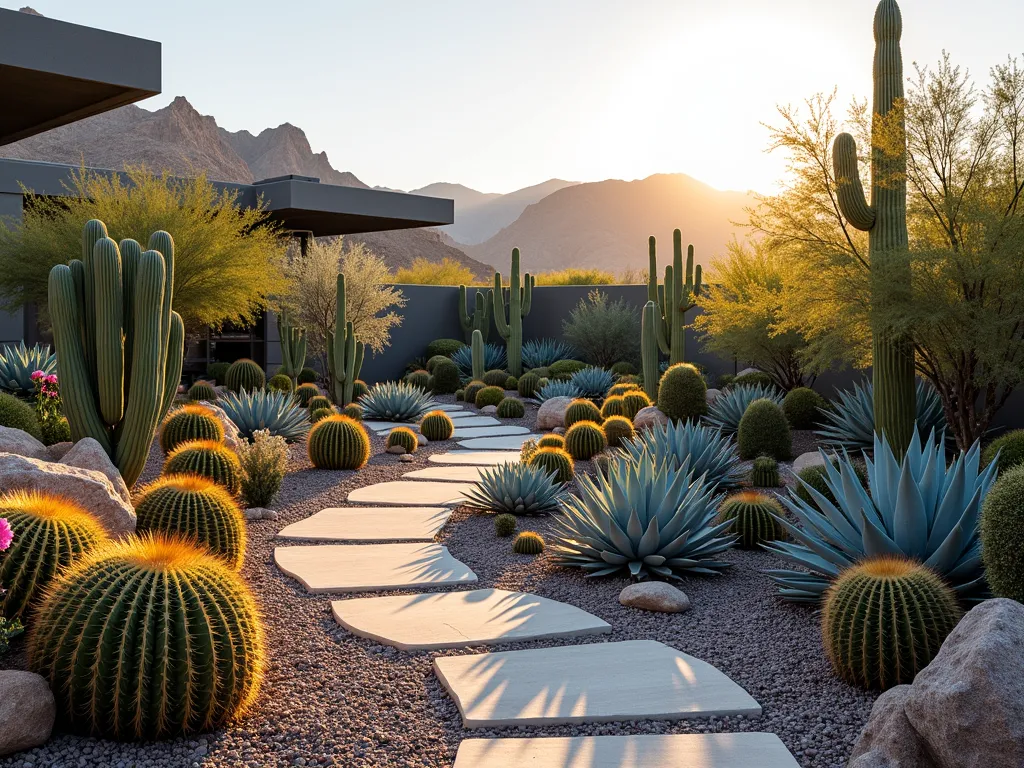 Sunset Desert Color Garden with Cacti - A wide-angle shot of a modern desert garden at golden hour, featuring a carefully curated collection of cacti in harmonious color groupings. Blue-tinted Agave azul and Pilocereus create a striking contrast against golden barrel cacti and silver-toned Cleistocactus strausii. Flowering pink and orange torch cacti add vibrant pops of color. Natural stone pathways wind through the garden, with desert mountains visible in the background. Low-voltage landscape lighting casts dramatic shadows, while a modern concrete bench provides a viewing area. The garden is accented with crushed desert granite and strategically placed boulder formations.