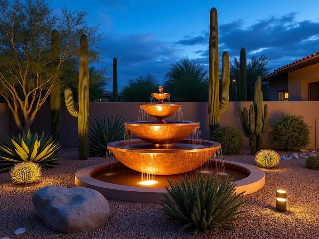 Serene Desert Oasis Fountain - A stunning twilight scene of a modern copper-tiered fountain surrounded by a thoughtfully arranged collection of cacti and succulents in a residential backyard. The fountain features smooth river rocks and weathered copper patina, with water gracefully cascading down multiple levels. Architectural cacti like Saguaro and Barrel cacti create dramatic silhouettes against the dusky sky, while clusters of smaller specimens like Golden Ball and Blue Columnar cacti add texture at varying heights. Soft landscape lighting illuminates the water feature and key plants, creating a magical desert ambiance. The entire scene is set in a bed of golden decomposed granite with strategic boulder placement, capturing the essence of a refined desert oasis.