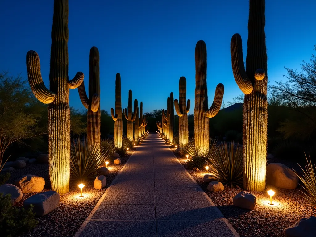 Desert Garden Night Illumination - A captivating nighttime garden scene featuring dramatic silhouettes of tall Saguaro and Barrel cacti illuminated by warm LED uplighting, photographed with a wide-angle lens. The modern desert landscape design shows multiple cacti of varying heights casting elongated shadows across a meticulously arranged gravel pathway. Golden spotlights strategically placed at the base of each cactus create a theatrical display, highlighting their sculptural forms against a deep blue twilight sky. Mexican river rocks and desert succulents add texture to the foreground, while subtle pathway lighting guides viewers through the space. Shot with shallow depth of field to capture the ethereal glow of the lighting while maintaining the architectural details of the cacti.