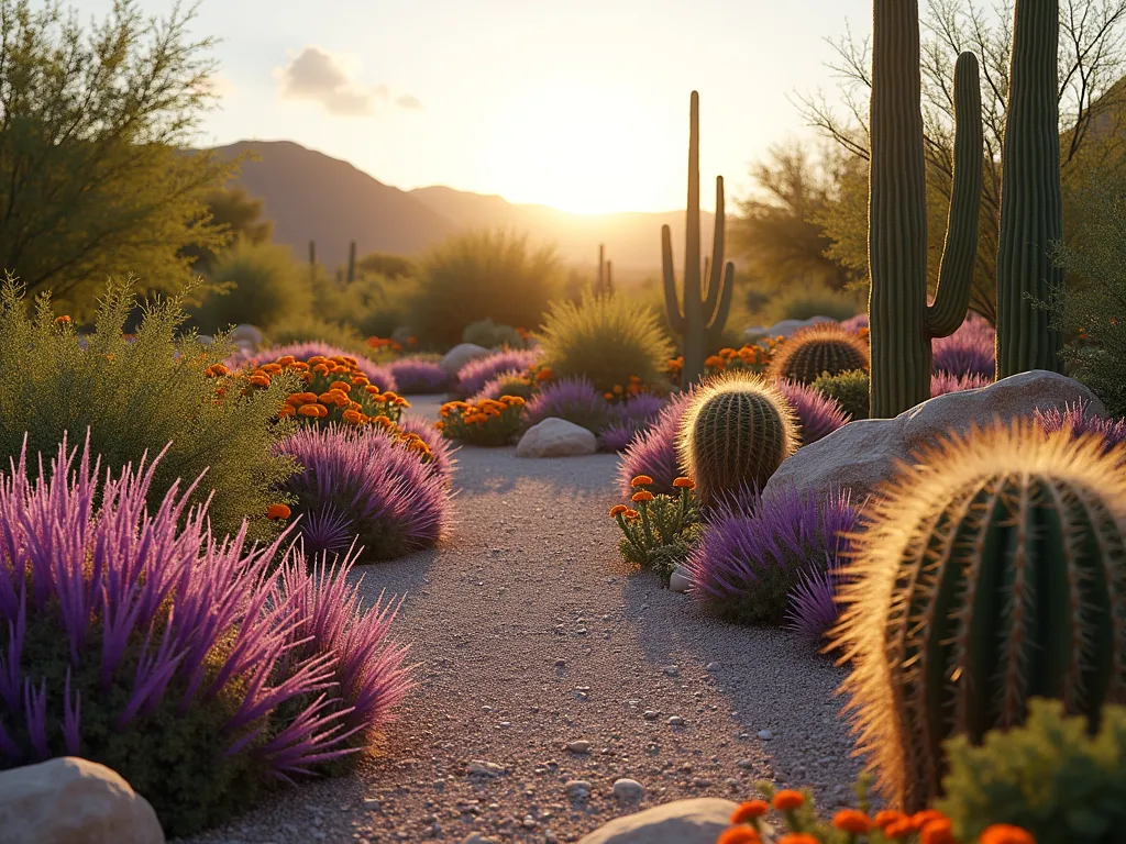 Desert Meadow Cactus Garden at Sunset - A wide-angle, photorealistic capture of a harmonious desert garden landscape at golden hour. Low-growing barrel cacti and clustering hedgehog cacti interspersed with flowing purple fountain grass and native desert wildflowers in full bloom. Soft evening light casting long shadows across decomposed granite pathways. Mexican feather grass swaying in the gentle breeze, while vibrant pink and yellow desert marigolds dot the landscape. Natural rock formations and weathered boulders add texture and depth. Shot with a digital camera, 16-35mm lens at f/2.8, ISO 400, capturing the warm sunset light illuminating the desert meadow garden, creating a dreamy, natural aesthetic.