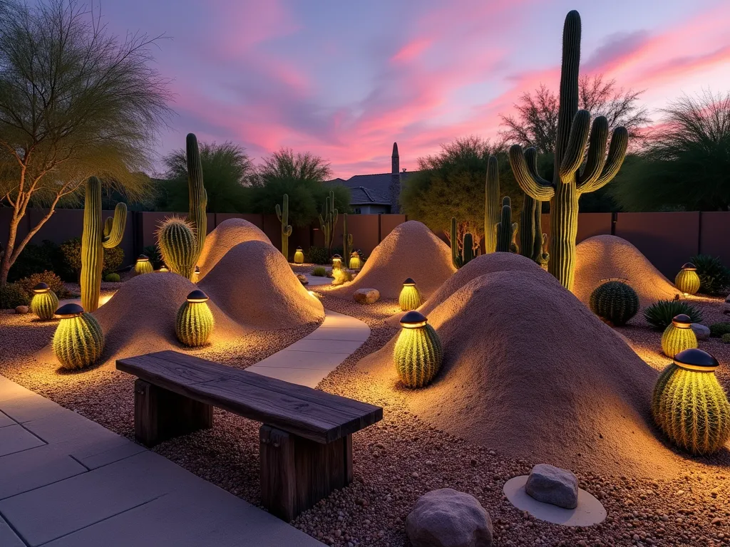 Desert Mountain Cactus Garden at Dusk - A stunning backyard landscaping scene featuring artistically sculpted earth berms creating miniature desert mountains, photographed at dusk with warm golden light. Multiple varieties of cacti, including tall Saguaro, barrel cacti, and flowering prickly pear are arranged in naturalistic groupings across the rolling terrain. Small decorative rocks and desert pebbles cover the ground, while strategic uplighting casts dramatic shadows across the undulating landscape. A rustic wooden bench in the foreground provides scale and viewing perspective. Wide-angle shot capturing the entire mini mountain range installation with a purple-orange sunset sky in the background.