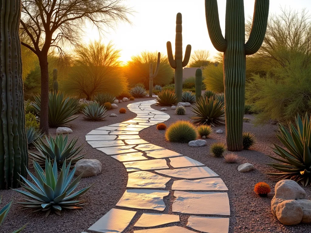 Enchanting Desert Pathway at Sunset - A winding natural flagstone pathway through a beautifully landscaped desert garden, captured at golden hour with long shadows. Low-growing barrel cacti and blue agaves line both sides of the curved path, while majestic Saguaro cacti stand as sculptural focal points at the curves. The pathway is bordered with rustic decomposed granite and dotted with golden barrel cacti. Desert wildflowers add pops of color, and decorative rocks in varying sizes create texture. Shot with a wide-angle lens at f/2.8, creating a dreamy depth of field with the setting sun casting warm orange light across the scene, highlighting the cacti's silhouettes and the pathway's natural contours.