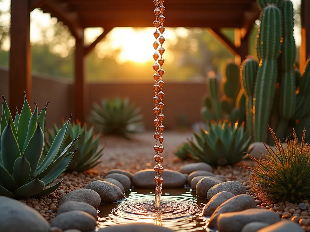 Desert Rain Chain Garden Feature - A close-up shot at golden hour of a copper rain chain descending from a wooden pergola, surrounded by an artistic arrangement of barrel cacti, agave, and desert spoon plants. Water droplets cascade down the decorative chain links shaped like small copper cups, creating a mesmerizing flow. The surrounding desert garden features a mix of rock mulch and golden sand, with soft sunset light filtering through the cacti creating dramatic shadows. The rain chain connects to a small ground-level rock basin lined with smooth river stones, where several smaller drought-resistant succulents thrive.