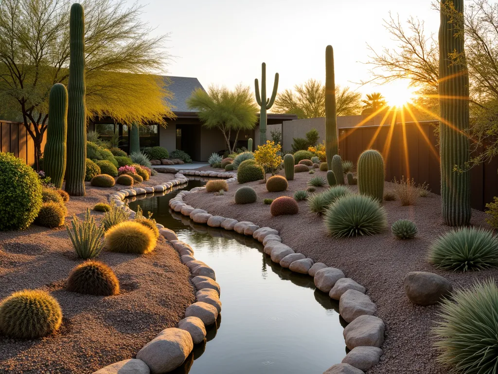 Desert Rain Garden with Natural Water Flow - A serene desert garden at golden hour, shot in wide angle, featuring gracefully curved earthen berms and subtle swales directing rainwater to clustered arrangements of drought-resistant cacti and succulents. Barrel cacti, saguaros, and golden barrel cacti are strategically placed along the natural water channels, which are lined with smooth river rocks. Desert-adapted flowering plants add pops of color, while decomposed granite pathways wind through the landscape. A modern residence is partially visible in the background, and the entire scene is bathed in warm, late afternoon sunlight that casts long shadows across the thoughtfully designed water-harvesting terrain. The garden demonstrates harmony between water conservation and desert aesthetics, with carefully planned elevation changes that create natural irrigation zones.