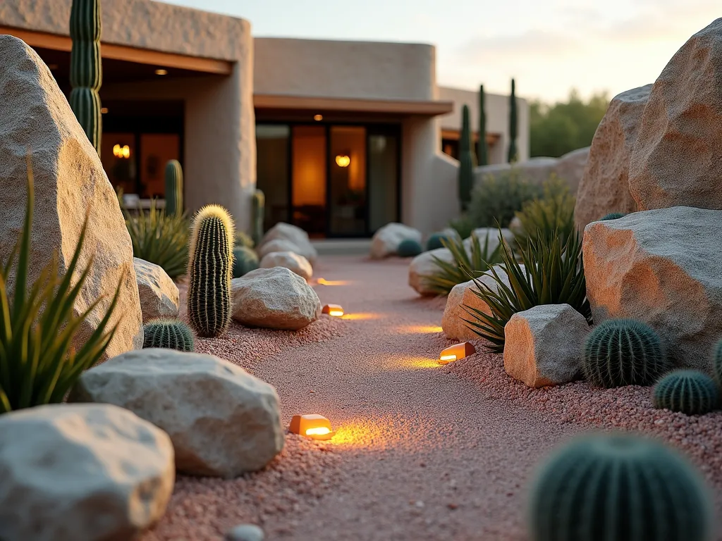 Desert Rock Garden at Sunset - A stunning desert-inspired rock garden featuring weathered granite boulders artfully arranged in a natural formation, with golden sunset light casting long shadows. Various cacti species, including barrel cacti, blue torch cacti, and silver torch cacti, are nestled between the rocks. The ground is covered in a harmonious blend of crushed desert rose quartz and earth-toned decomposed granite. Small dramatic spotlights illuminate key specimen plants. Weathered copper garden accents complement the natural elements. Photographed from a low angle to emphasize the majestic scale of the boulders, with a soft bokeh effect in the background showing a modern home's architecture. Hyperrealistic, 8K quality.