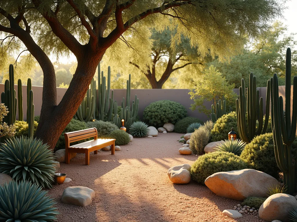 Tranquil Desert Shade Oasis - A serene desert garden scene at golden hour, showing a thoughtfully designed shaded area beneath a mature Palo Verde tree. Soft, dappled sunlight filters through the canopy, illuminating a collection of shade-tolerant cacti and succulents. Featured plants include tall Organ Pipe cacti, clustering Mammillaria, and sprawling Epiphyllum specimens. The garden floor is covered with decorative gravel in warm earth tones, interspersed with weathered desert rocks and locally sourced boulders. A rustic wooden bench provides a peaceful seating area, while copper garden lights await evening illumination. Shot from a wide angle to showcase the harmonious balance between the natural canopy and the carefully curated understory garden, with selective focus on textural plant details. Photorealistic, high detail, magical atmosphere.