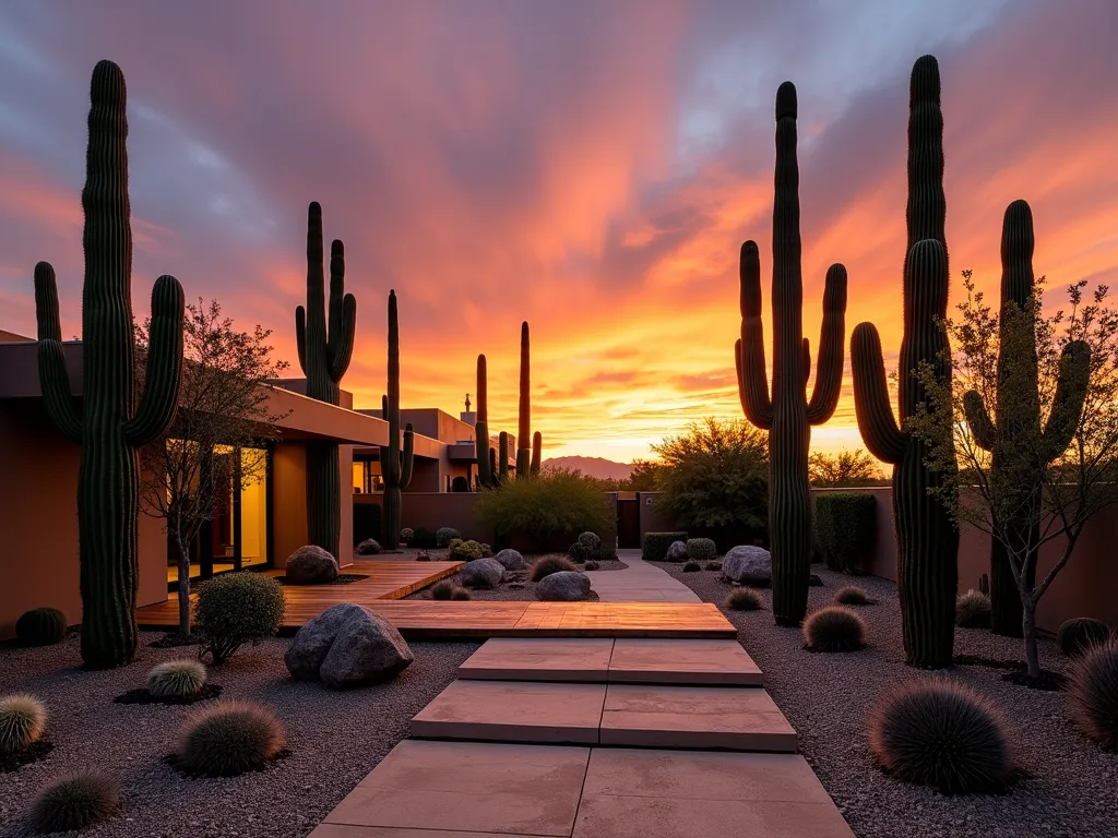 Desert Sunset Cactus Garden - A stunning wide-angle photograph of a modern desert garden at golden hour, featuring towering Saguaro and Organ Pipe cacti creating dramatic silhouettes against a vibrant orange and purple sunset sky. The garden includes carefully positioned Mexican Fence Post cacti and Golden Barrel clusters at varying heights. Natural desert landscaping with decomposed granite and smooth river rocks creates texture in the foreground. A contemporary wooden deck extends into the garden space, with built-in LED ground lighting softly illuminating the base of the cacti. The composition captures long shadows stretching across the garden, with the last rays of sunlight filtering through the cacti arms, creating a magical southwestern atmosphere.