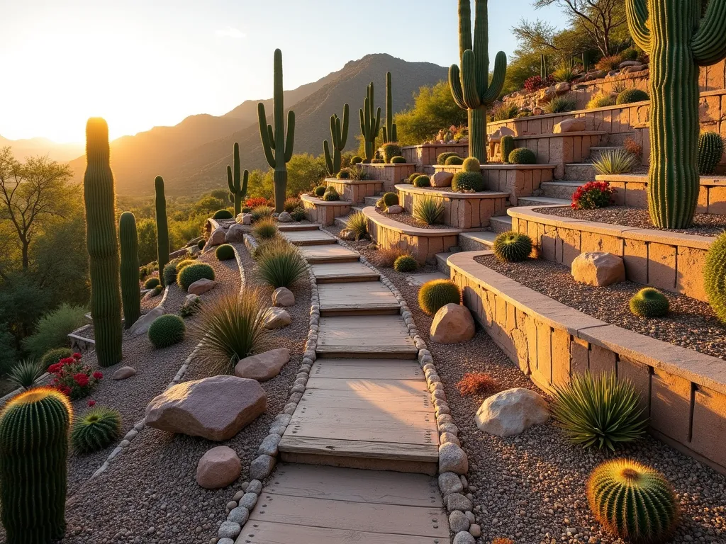 Desert Terraced Cactus Garden - A stunning terraced cactus garden photographed during golden hour, showcasing multiple levels of natural stone retaining walls creating a dramatic southwestern desert landscape. The terraces cascade down with larger Saguaro and Barrel cacti positioned at the back, transitioning to medium-sized Golden Barrel and Organ Pipe cacti in the middle, and smaller specimens like Echeveria and Mammillaria in the front. Natural desert pebbles and crushed granite create pathways between levels, while occasional red flowering Torch cacti add vibrant accents. Captured with a wide-angle perspective that emphasizes the dimensional layers and architectural beauty of the design, with warm sunlight casting long shadows across the terraces. The composition includes desert-appropriate accent boulders and weathered wooden steps connecting the levels, photographed at f/8 for optimal depth of field, creating a professional, magazine-quality image.