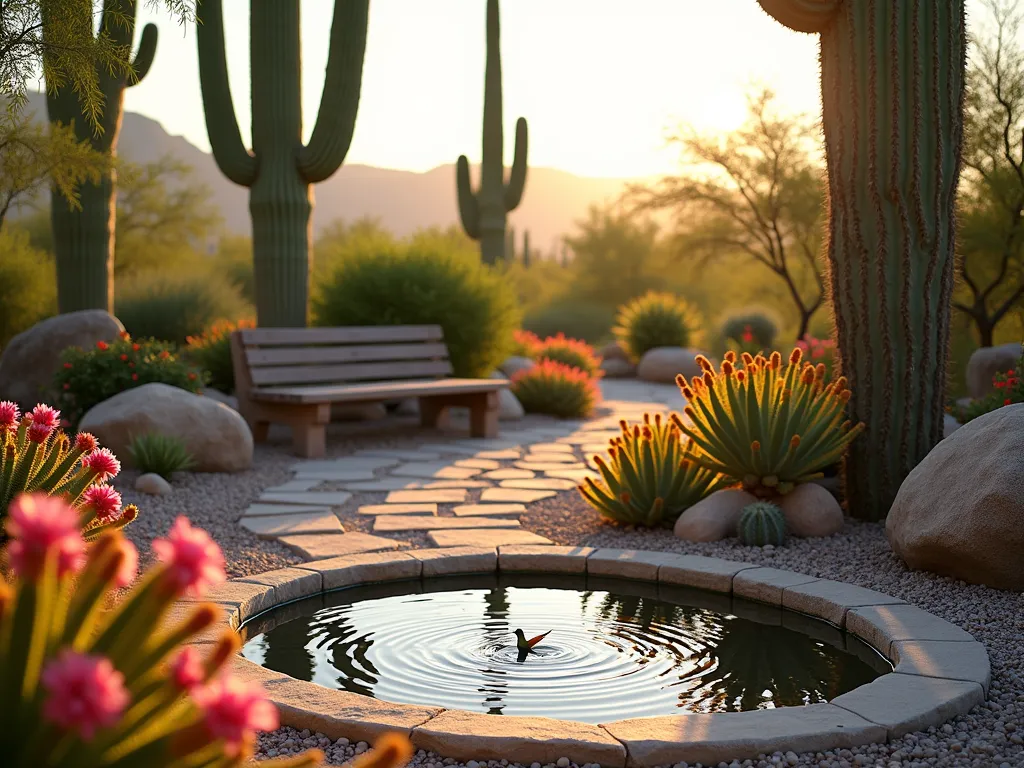 Desert Wildlife Sanctuary at Dusk - A wide-angle photograph of a desert garden oasis at golden hour, featuring tall Saguaro and barrel cacti surrounded by natural desert rock formations. The scene captures a tranquil shallow stone basin water feature with gentle ripples, where a hummingbird hovers near blooming pink and orange desert wildflowers. Cholla and prickly pear cacti with vibrant yellow and red blooms dot the landscape, while desert butterflies float among the flowering plants. Natural boulder formations create levels and depth, with a rustic wooden bench nestled among the rocks. Shot with soft, warm lighting casting long shadows across textured decomposed granite pathways, f/2.8, creating a dreamy bokeh effect on the background desert landscape.