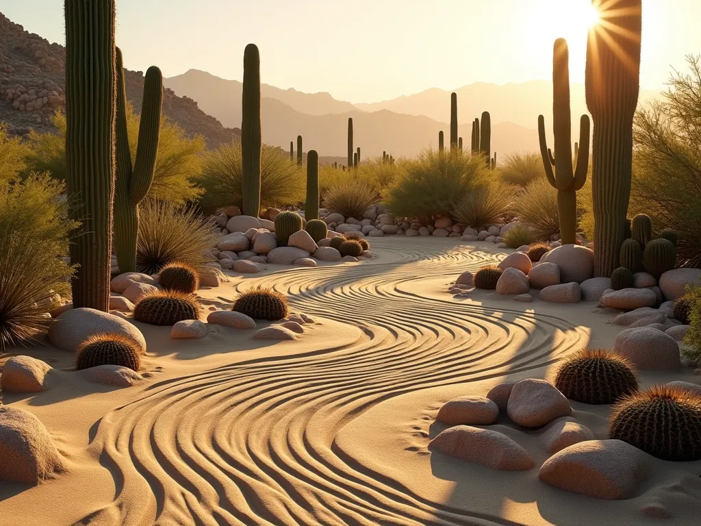 Modern Desert Zen Garden Retreat - A serene desert zen garden at golden hour, photographed with a wide-angle lens. Majestic saguaro cacti cast long shadows across meticulously raked sand patterns, while smooth river rocks in varying sizes create organic pathways. Golden sunlight filters through the cacti, highlighting compact barrel cactus clusters. Clean lines of raked sand create concentric circles and wave patterns, reminiscent of traditional Japanese zen gardens. Natural stone benches nestle among the carefully curated desert landscape. The minimalist design features varying heights of cacti against a backdrop of warm-toned desert mountains, with the entire scene bathed in warm, ethereal light. Shot at f/2.8 with subtle depth of field, creating a dreamy atmosphere that emphasizes the meditation space's tranquil nature.