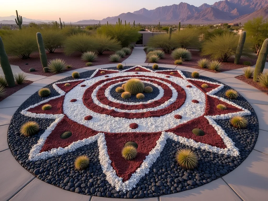 Modern Geometric Gravel and Cactus Mandala Garden - An aerial view of a stunning circular garden design featuring a large-scale mandala pattern created with contrasting white, rust-red, and charcoal Mexican beach pebbles. The intricate geometric pattern incorporates various barrel cacti, agave, and golden barrel cactus positioned as living focal points within the concentric circles and triangular segments. The gravel art is meticulously arranged in sweeping curves and precise angles, creating a mesmerizing desert tapestry. Soft dawn lighting casts long shadows across the textured surface, emphasizing the dimensional quality of the design. Modern concrete pavers create a clean border around the installation, while desert mountains fade into a misty purple horizon in the background. Professional landscape photography with deep contrast and crisp details.