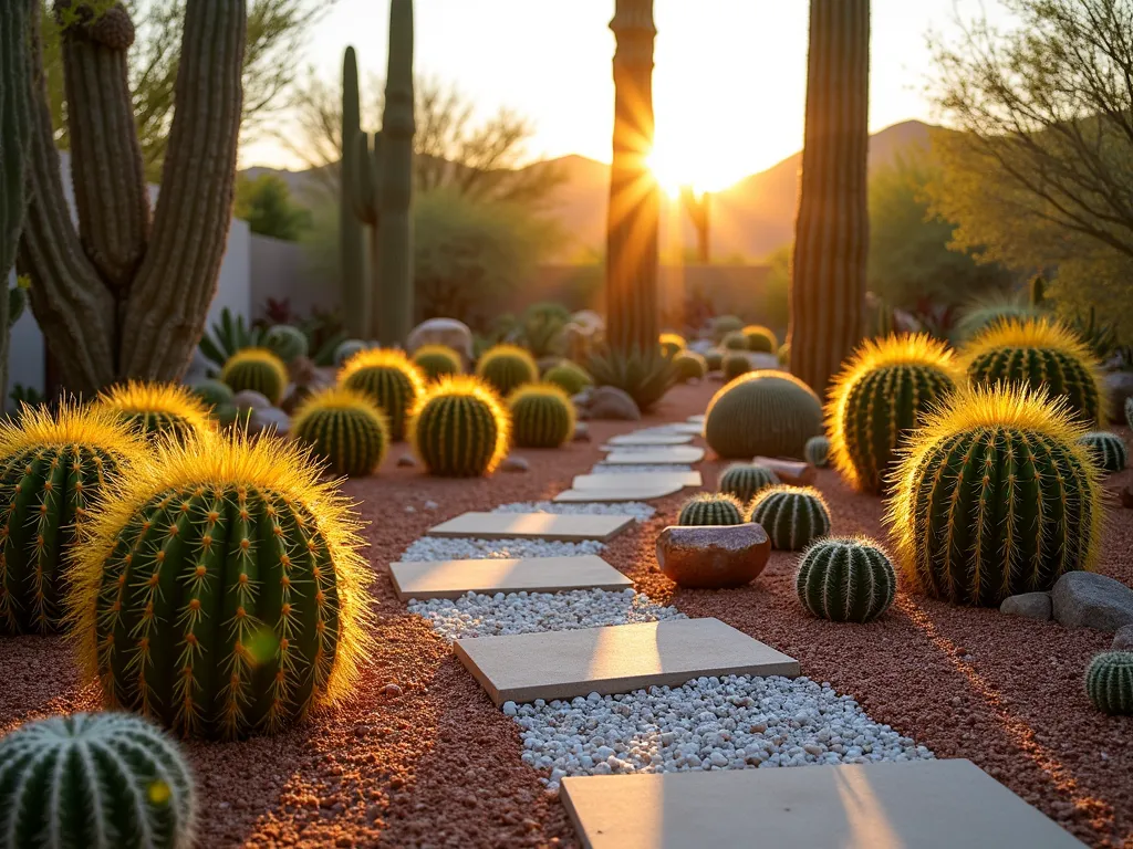 Golden Morning Cactus Garden - A stunning DSLR wide-angle photograph of a modern desert garden at sunrise, capturing golden morning light streaming across an artfully arranged collection of cacti. Golden-barrel cacti (Echinocactus grusonii) with luminous yellow spines take center stage, their round forms casting dramatic long shadows across a bed of copper-toned decomposed granite and white crushed quartz. Tall saguaro and organ pipe cacti create vertical interest in the background, while clustering mammillaria and echeveria provide ground texture. The east-facing garden features modern concrete pavers creating a winding path, with weathered copper garden art pieces complementing the warm morning light. Shot at f/8 with golden hour lighting emphasizing the cacti's natural textures and spines, creating an ethereal desert landscape scene.