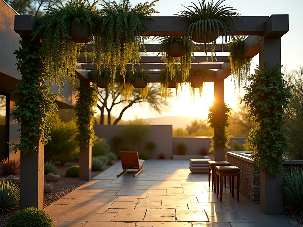 Elegant Hanging Cactus Garden at Sunset - A stunning twilight scene of a modern pergola adorned with cascading hanging planters filled with diverse trailing cacti. The planters, arranged at varying heights, showcase rat tail cactus, string of pearls, and monkey tail cactus dramatically spilling downward. Golden hour sunlight filters through the dense vertical garden, casting intricate shadows on the natural stone patio below. The background features a sleek outdoor living space with minimal desert landscaping. Shot from a dramatic low angle perspective, emphasizing the vertical dimension and the ethereal interplay of light through the hanging succulents.