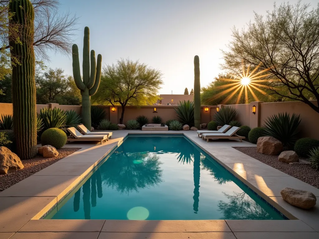 Luxurious Poolside Desert Garden - A stunning wide-angle twilight shot of a modern rectangular swimming pool surrounded by an artfully arranged desert garden. Golden hour sunlight casts long shadows across the water, while strategically placed golden barrel cacti (Echinocactus grusonii) and towering saguaro cacti create natural privacy screens. Mexican fence posts and organ pipe cacti stand as architectural elements along the pool's edge, complemented by smooth river rocks and desert-appropriate lighting. A sleek pool deck features contemporary lounge chairs, while careful plant placement ensures safety and aesthetics. Shot with a digital camera, 16-35mm lens at f/2.8, ISO 400, capturing the warm desert ambiance and resort-style sophistication.