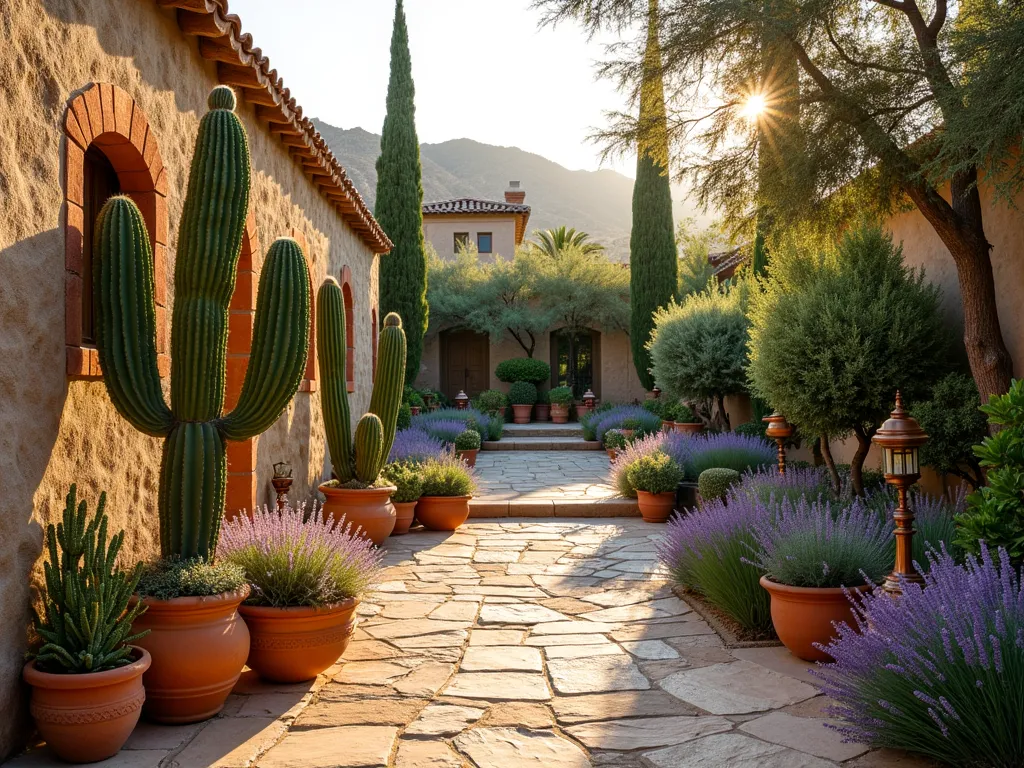 Mediterranean Cactus Garden Retreat - A sunlit Mediterranean-style garden terrace at golden hour, featuring a harmonious blend of tall saguaro cacti and barrel cacti interspersed with flowing lavender and aromatic rosemary bushes. Weathered terra cotta pots of various sizes create levels and visual interest, while rustic limestone walls provide a warm backdrop. Natural stone pathways wind through the garden, with Mediterranean cypress trees framing the scene. The composition is captured from a three-quarter angle, showcasing the interplay of spiky cactus silhouettes against the soft, purple lavender blooms. Soft evening light casts long shadows across the textured stone pavers, while copper garden lanterns add a warm glow. Professional DSLR photo with crisp detail and perfect exposure, f/8, ISO 100, 1/125 sec.