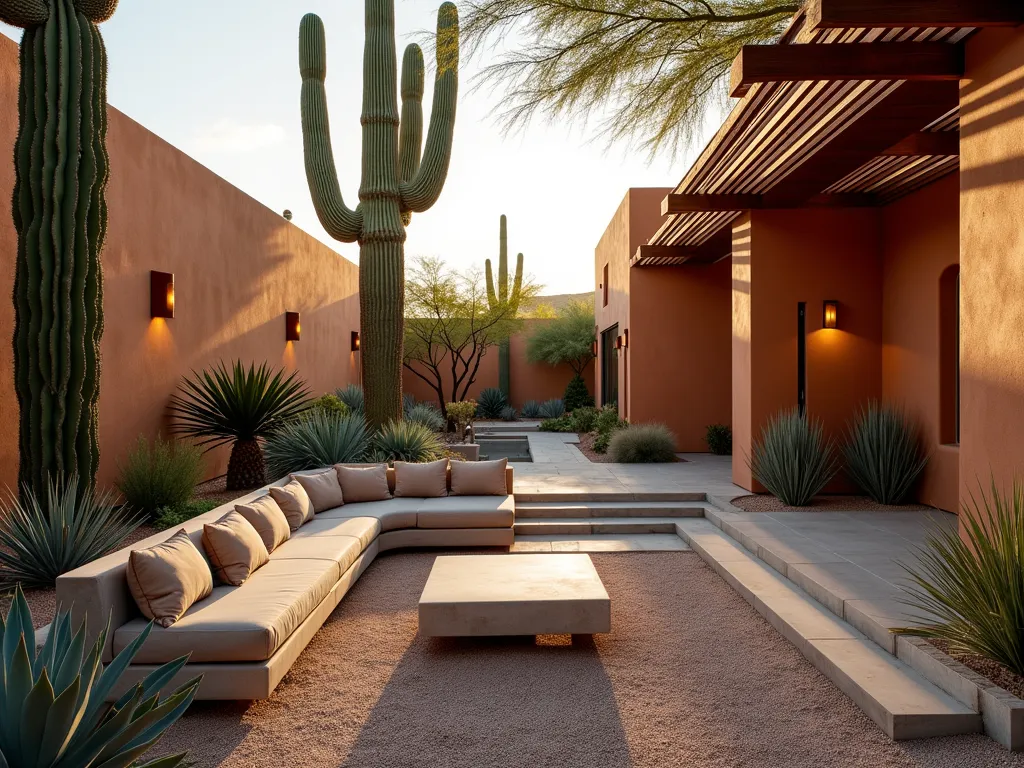 Modern Desert Courtyard Oasis - A stunning modern desert courtyard at golden hour, shot with a wide-angle lens capturing a serene outdoor living space. Towering Saguaro and barrel cacti create dramatic shadows against smooth stucco walls in warm terra cotta. Built-in concrete benches with plush weatherproof cushions curve around a central focal point. A contemporary pergola with slatted wooden beams filters dappled light across the space. Mexican feather grass and blue agaves provide textural contrast against crushed desert gravel. Copper lighting fixtures cast a warm glow as the sun sets, highlighting the architectural silhouettes of the cacti. Shot with a digital camera, 16-35mm lens at f/2.8, ISO 400, capturing the rich textures and dramatic interplay of light and shadow.