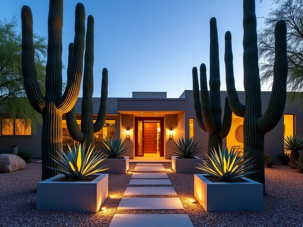 Modern Desert Entry Garden - A stunning wide-angle twilight shot of a modern home's entrance pathway, lined with majestic Saguaro cacti and sculptural blue Agave specimens. Golden uplighting illuminates the architectural plants, casting dramatic shadows on a minimalist gravel pathway. Large geometric concrete planters showcase barrel cacti and trailing desert spoon plants. The entrance features a mix of heights and textures, with tall columnar cacti serving as natural sculptures against the house's clean lines. Desert pebbles in warm earth tones create a naturalistic groundcover, while strategic accent lighting creates a welcoming ambiance in the evening light.