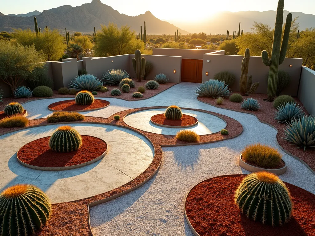 Modern Geometric Desert Garden - A stunning overhead view of a modern geometric cactus garden at golden hour, shot with a wide-angle lens. The design features a mesmerizing spiral pattern created with alternating white and rust-colored gravel, with carefully placed barrel cacti, blue agaves, and golden barrel cacti arranged in precise geometric formations. Clean-lined concrete pathways intersect the spiral, creating a contemporary architectural feel. The low-angled sunlight casts long shadows across the textured gravel, highlighting the dimensional quality of the design. Desert mountains visible in the background, slightly out of focus. Shot with a professional digital camera, 16-35mm lens, f/2.8, ISO 400, capturing the rich contrast between the sculptural cacti and the geometric hardscaping.