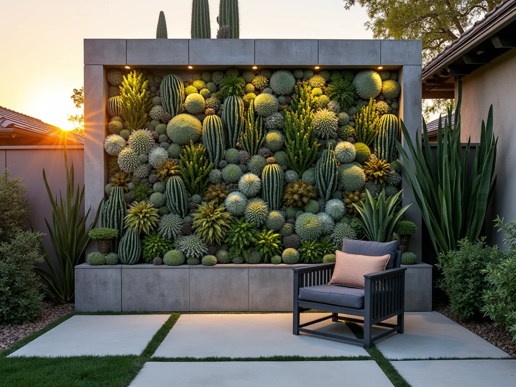 Modern Vertical Cactus Garden Wall - A stunning vertical living wall mounted on a contemporary grey concrete wall in a modern backyard, photographed during golden hour. The modular wall system showcases an artfully arranged collection of drought-resistant cacti and succulents in varying sizes and textures. Echeveria rosettes, cylindrical Barrel cacti, and cascading String of Pearls create a dimensional tapestry of greens, blues, and silvers. Low-voltage LED spotlights cast dramatic shadows, highlighting the architectural forms of tall Organ Pipe cacti and spiky Agave plants. The composition is captured from a slight angle using a wide-angle lens, showing the full 8-foot height of the installation while maintaining intimate detail of the plant textures. A sleek minimalist patio setting visible in the foreground provides scale and context, with the warm sunset light creating depth and atmosphere in the scene.