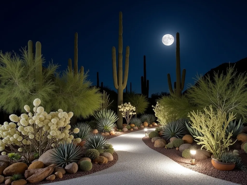 Moonlit Desert Garden Sanctuary - A serene nighttime garden scene captured with a wide-angle 16-35mm lens at f/2.8, ISO 400, showcasing a dramatic desert moon garden. White-flowering Echinopsis cacti and silvery Mammillaria hahniana take center stage, their pale blooms luminescent under a full moon. Weathered silver-blue Agave attenuata create sculptural silhouettes against the dark sky. The garden is artfully arranged on white decomposed granite gravel that sparkles in strategically placed solar ground lights. Modern copper path lights cast gentle shadows, while hidden uplighting dramatically illuminates tall saguaro cacti. A curved pathway meanders through the garden, bordered by glowing orb planters containing trailing white epicactus. The composition captures the ethereal quality of desert plants at night, with the moon hanging dramatically in the background, creating a magical, otherworldly atmosphere in this backyard sanctuary.