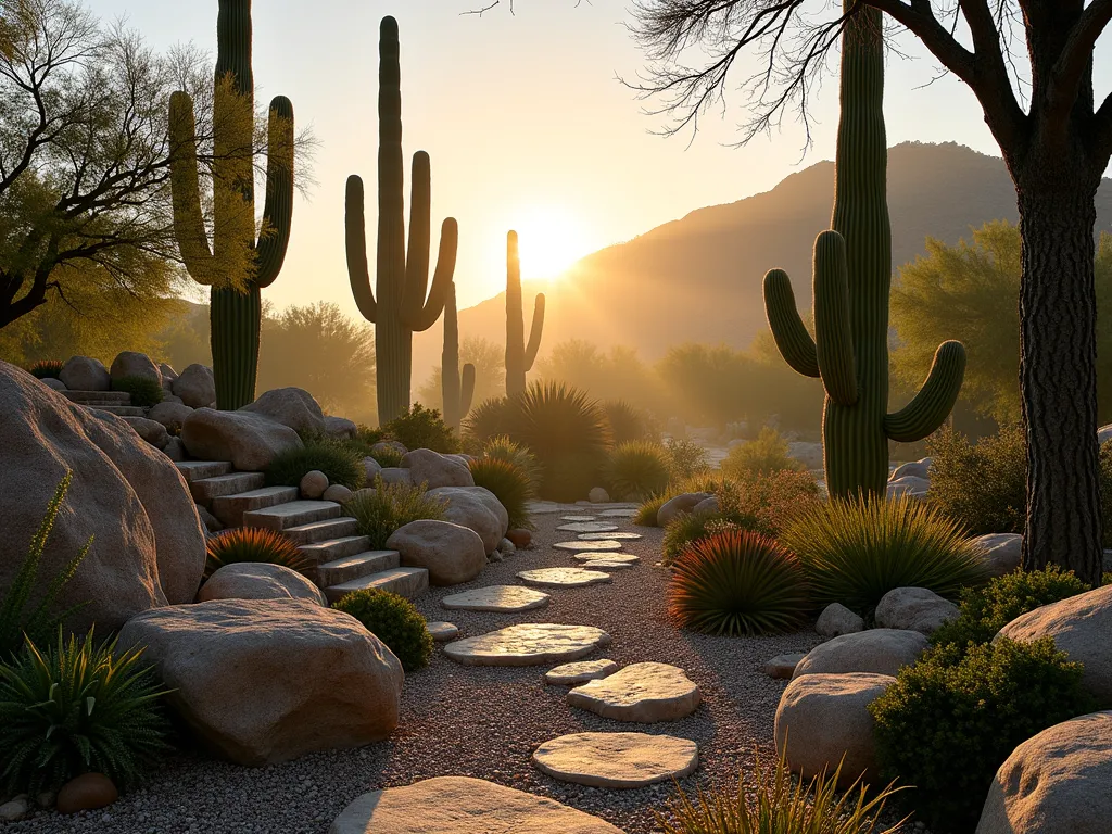 Jurassic Cactus Garden at Dawn - A wide-angle shot of a dramatic prehistoric-themed garden at dawn, captured with a 16-35mm lens at f/2.8, ISO 400. Towering Saguaro cacti and ancient cycads emerge from a misty morning landscape, their silhouettes dramatic against the warm sunrise. Large, weathered boulders and petrified wood logs are strategically placed throughout the garden. Zamia palms and Barrel cacti create mid-level interest, while golden morning light filters through the prehistoric plants, casting long shadows across the textured decomposed granite pathway. The garden is terraced with natural stone walls, creating depth and dimension. Desert-adapted ferns and horsetails add to the Mesozoic atmosphere, while a subtle water feature trickles over fossilized rocks in the background.